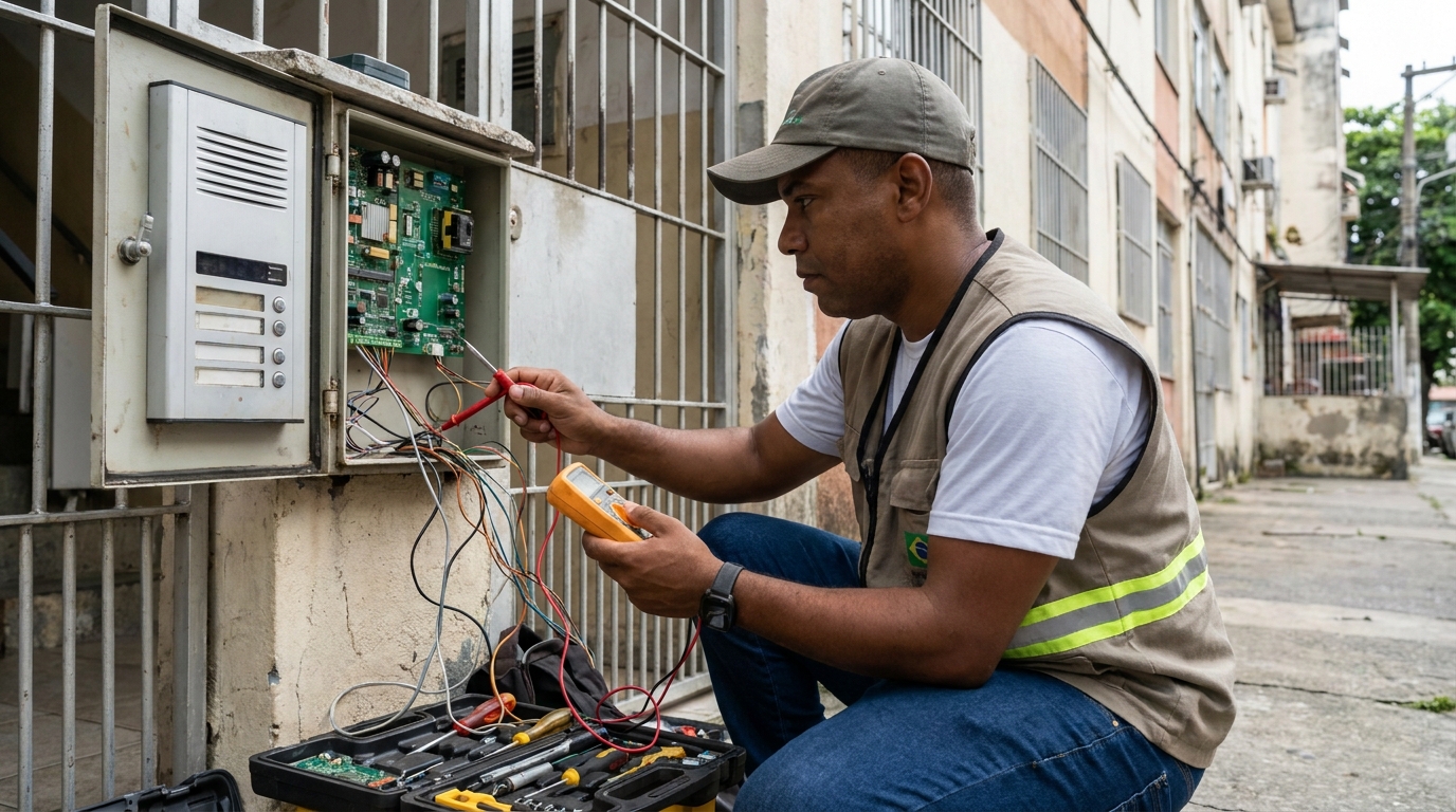 Eletricista consertando interfone em São Bernardo do Campo‑SP